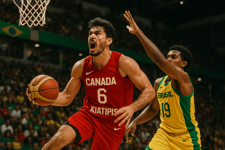 Matt Kiatipis playing basketball in Brazil, demonstrating athletic skill and engagement.