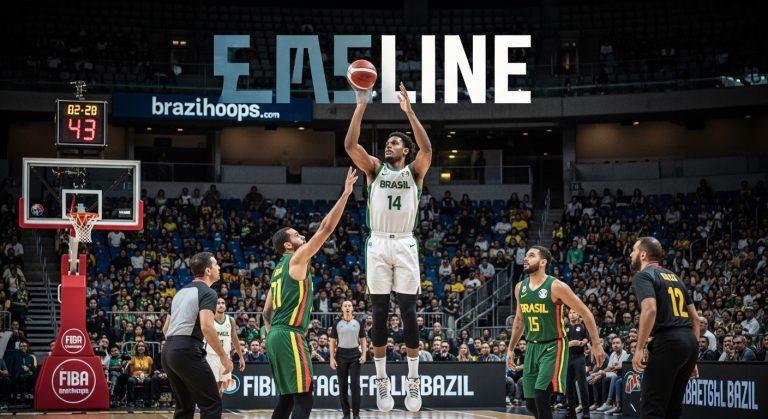 Brazilian basketball players in green-yellow jerseys during a game, with a flag and crowd in the background.