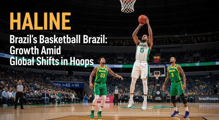 Brazilian basketball court at sunset with players warming up