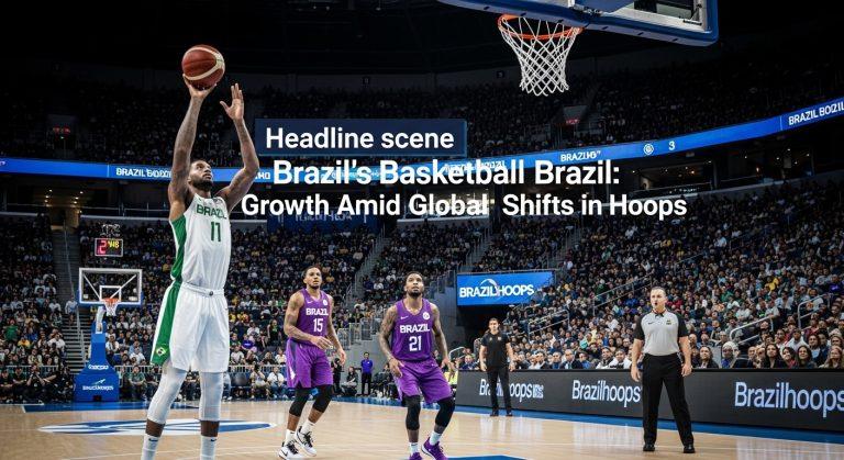 Brazilian basketball court at sunset with players warming up