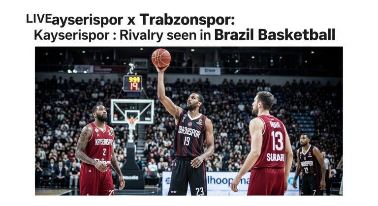 Editorial collage of basketball court with Turkish club logos and Brazilian flag.