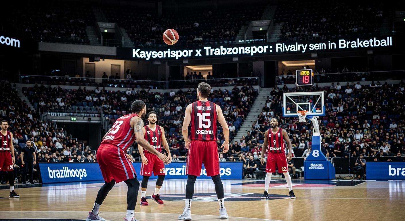 Editorial collage of basketball court with Turkish club logos and Brazilian flag.