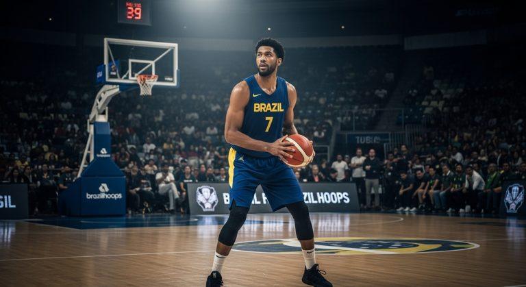 Portrait of a Brazilian basketball player in a game, intense focus and determination on his face