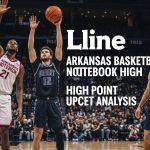 Arkansas basketball notebook analysis layout with High Point backdrop and leadership imagery.