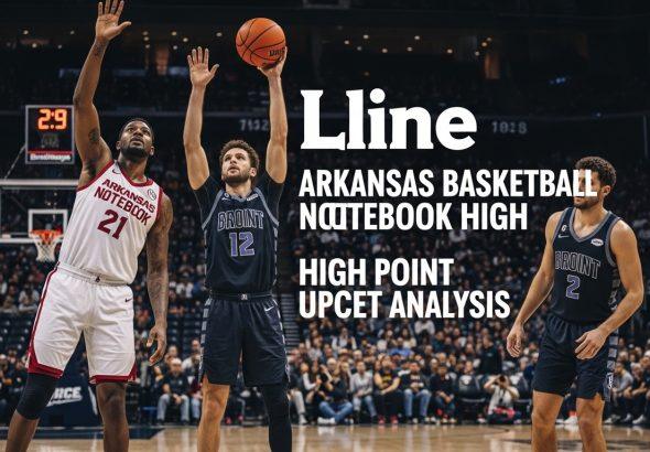 Arkansas basketball notebook analysis layout with High Point backdrop and leadership imagery.