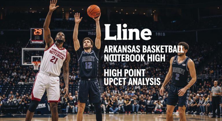 Arkansas basketball notebook analysis layout with High Point backdrop and leadership imagery.