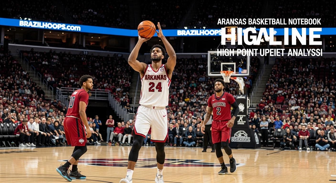 Arkansas basketball notebook analysis layout with High Point backdrop and leadership imagery.